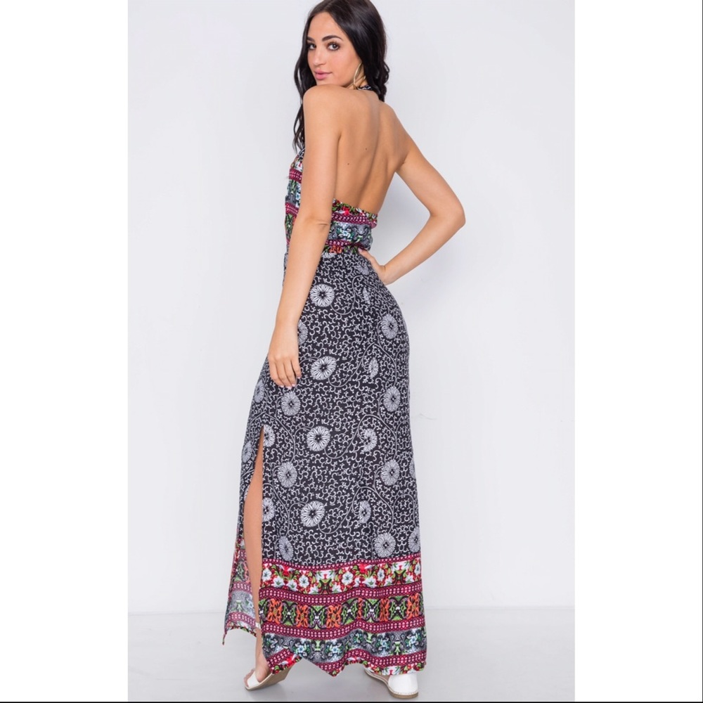 Black Floral Paisley Print Site Slit Maxi Dress - Picture 3 of 5